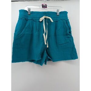 Zenana Double Gauze Shorts Women Large Teal NWT Drawstring Cotton Casual 1312